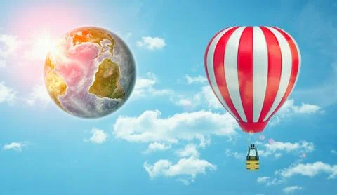 3d rendering of a large striped air balloon in the sky beside an Earth globe of Stock Illustration