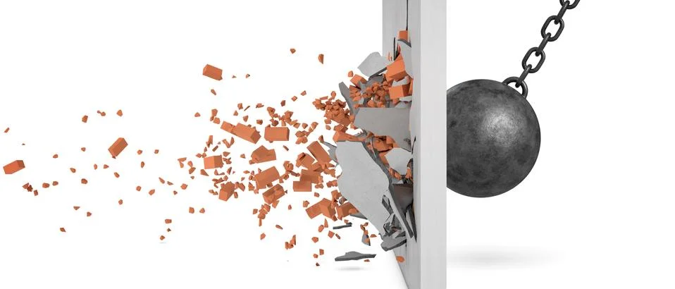 3d rendering of a large swinging wrecking ball crashing at a brick wall with Stock Illustration