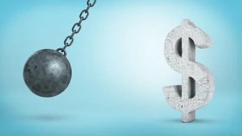 3d rendering of a large swinging wrecking ball beside concrete USD sign. Stock Illustration