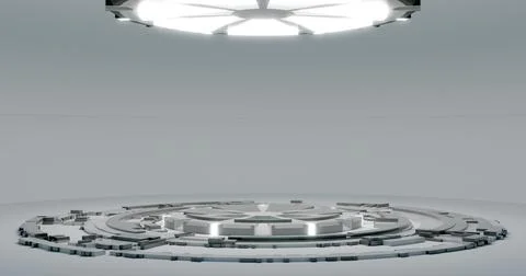 3d rendering. A large white room is a studio with a futuristic sci-fi platfor Stock Illustration