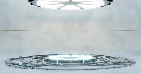 3d rendering. A large white room is a studio with a futuristic sci-fi platfor Stock Illustration