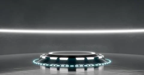 3d rendering. A large white room is a studio with a futuristic sci-fi platfor Stock Illustration