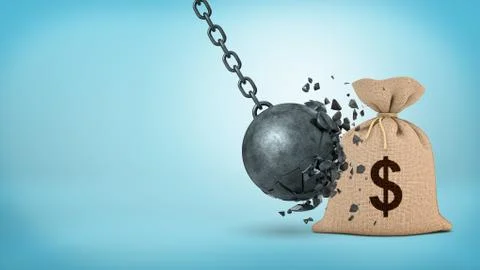 3d rendering of a large wrecking ball hitting a big hessian money bag and Stock Illustration