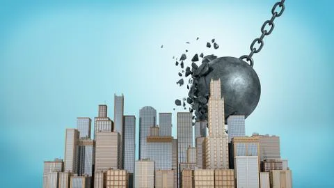 3d rendering of a large wrecking ball falling at a small downtown model while Stock Illustration