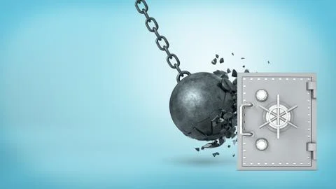 3d rendering of a large wrecking ball hitting a silver old-fashioned safe box Stock-Illustration