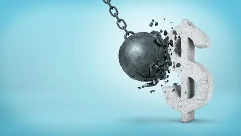 3d rendering of a large wrecking ball hitting a concrete USD sign and unable to Stock Illustration