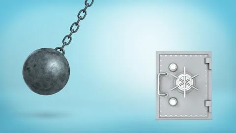 3d rendering of a large wrecking ball swinging in dangerous closeness to silver Stock Illustration