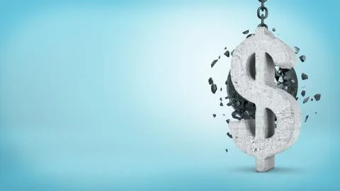 3d rendering of a large wrecking ball hitting a concrete USD sign and unable to Stock Illustration