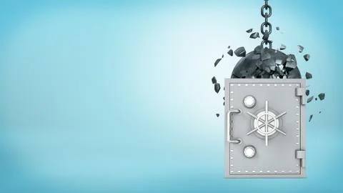 3d rendering of a large wrecking ball hitting a silver old-fashioned safe box Illustrazione stock