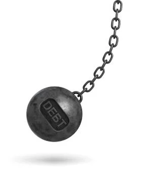 3d rendering of a large wrecking ball with a lettering DEBT swinging on a chain Ilustración de archivo