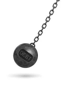 3d rendering of a large wrecking ball with a lettering DEBT swinging on a chain Stock Illustration