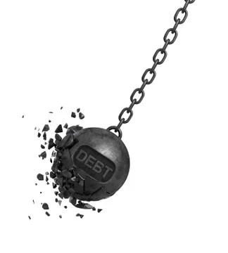 3d rendering of a large wrecking ball with a writing DEBT swings on a chain Stock Illustration