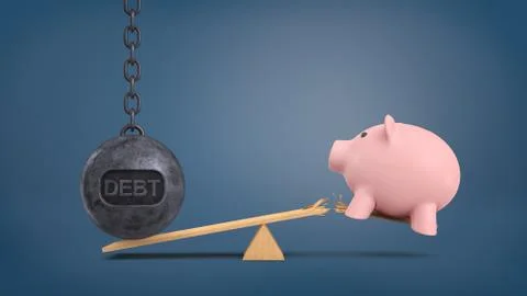 3d rendering of a large wrecking ball with a writing DEBT stands on a seesaw and Stock Illustration