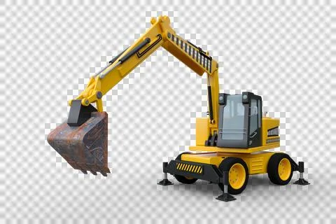 3D rendering of a large yellow wheeled excavator with digging arm extended is Stock Illustration