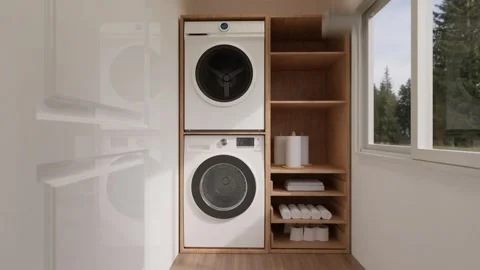 3D rendering laundry room on ground floor, washing machine, dryer, cabinet for Vídeo Stock 240416211
