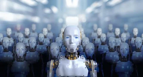 3d rendering of leader human robot portraits with robotics army, industrial.. Stock Photos