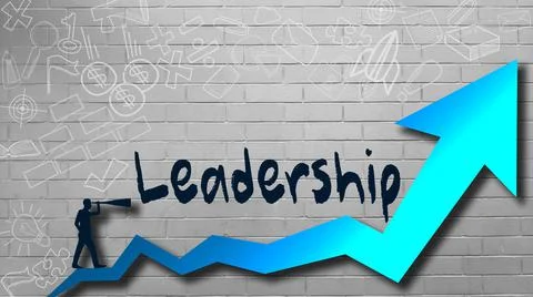 3D rendering of a leadership word on the wall with a blue arrow going up Stock Illustration