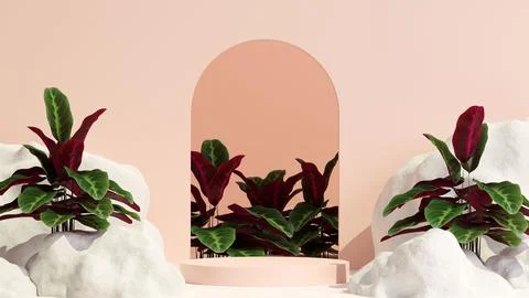 3d rendering of leaves with a pink background and rocks Illustrazione stock
