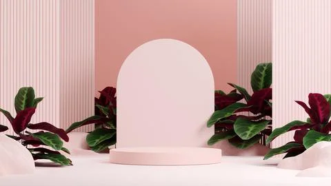 3d rendering of leaves with a pink background and rocks Illustrazione stock
