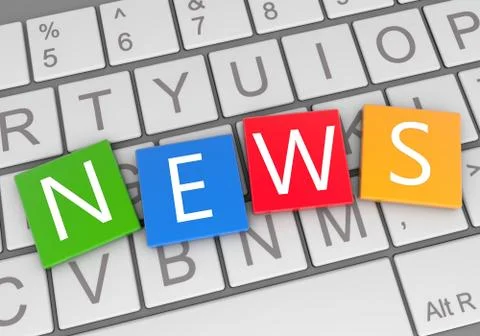 A 3D rendering of letter blocks forming the word 'news' with a computer keybo Stock Illustration