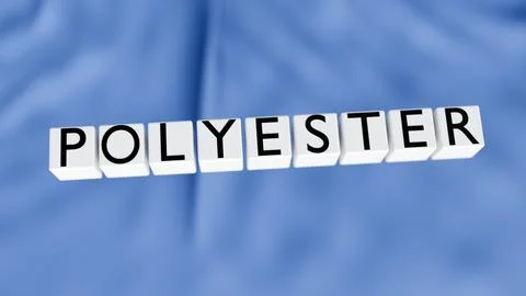 A 3d rendering of letter cubes spelling "POLYESTER" over draped fabric Stock Illustration