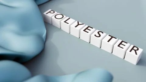 A 3d rendering of letter cubes spelling "POLYESTER" over draped fabric Stock Illustration