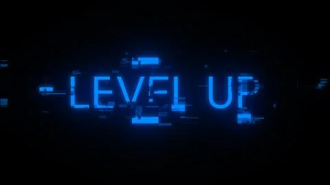 3D rendering level up text with screen effects of technological glitches Illustrazione stock