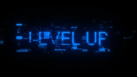3D rendering level up text with screen effects of technological glitches Illustrazione stock