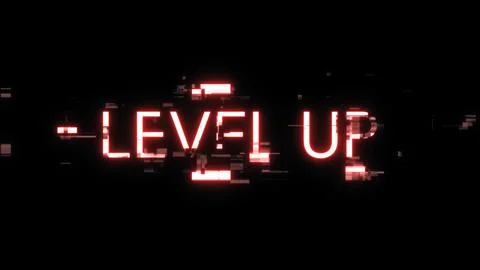 3D rendering level up text with screen effects of technological glitches Illustrazione stock