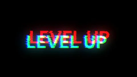 3D rendering level up text with screen effects of technological glitches Illustrazione stock