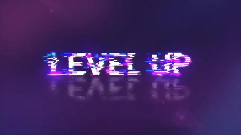 3D rendering level up text with screen effects of technological glitches Illustrazione stock