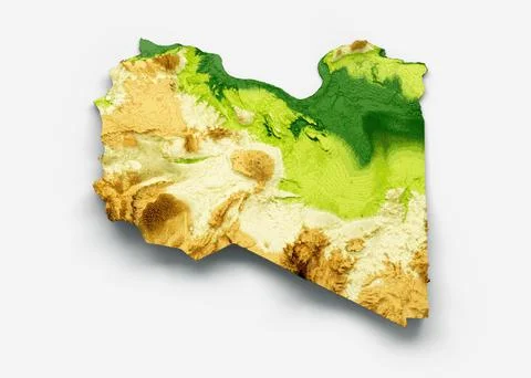 3D rendering of Libya map shaded relief color height map on white background Stock Illustration