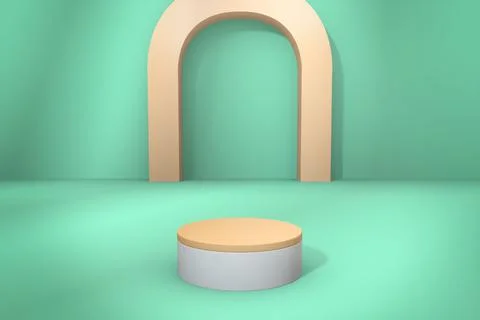 3d rendering of a light brown arch and round shape object on a light green backg Illustrazione stock