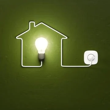 3d rendering of a light bulb building a house with the cable Stock Illustration