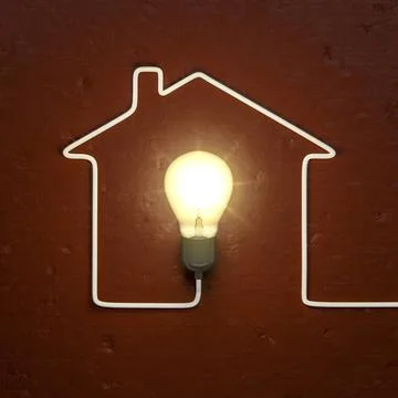 3d rendering of a light bulb building a house with the cable Stock Illustration