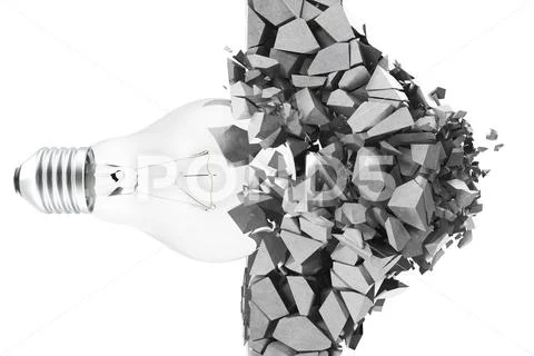 3d rendering light bulb, demolishing wall smithereens, concept of creative Stock Illustration
