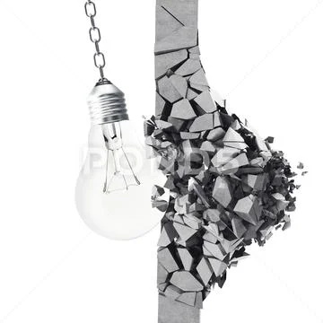 3d rendering light bulb, demolishing wall smithereens, concept of creative Stock Illustration