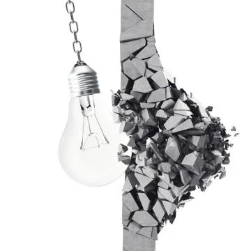 3d rendering light bulb, demolishing wall smithereens, concept of creative Stock Illustration