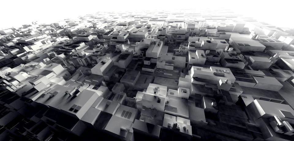 3D Rendering light warehouse cyber city of the slum, space station, reposit.. Stock Photos