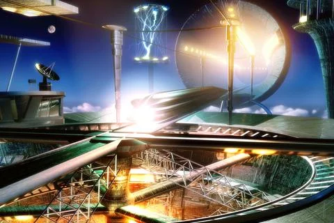 A 3D rendering of a lightful amazing science fiction train station in the sky Illustrazione stock