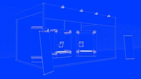 3d rendering of a lined blueprint exhibition design with booths Stock Illustration