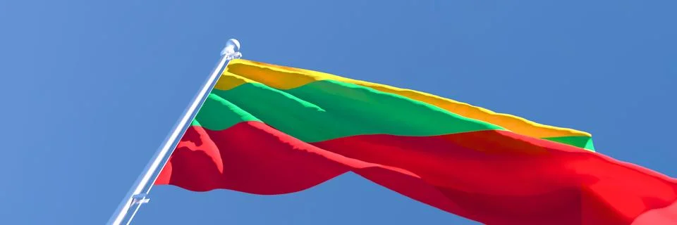 3D rendering of the Lithuania national flag against a blue sky Stock Illustration