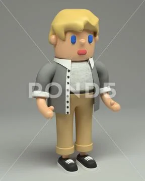 3d rendering of little blond boy in grey shirt, beige jeans , black sneakers Stock Illustration