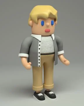 3d rendering of little blond boy in grey shirt, beige jeans , black sneakers Stock Illustration