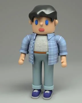 3d rendering of little brunet boy in blue checkered shirt, jeans and sneakers Stock Illustration
