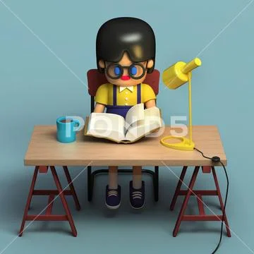 3d rendering of little girl in glasses reading book. Cute working space. Stock Illustration