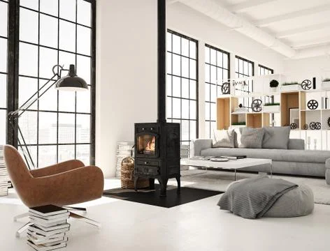 3d rendering. living room with cast iron fireplace in modern loft apartment. Stock Illustration