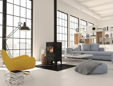 3d rendering. living room with cast iron fireplace in modern loft apartment. Stock Illustration