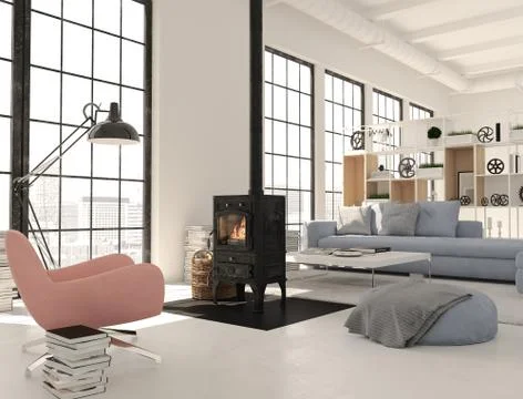 3d rendering. living room with cast iron fireplace in modern loft apartment. Stock Illustration