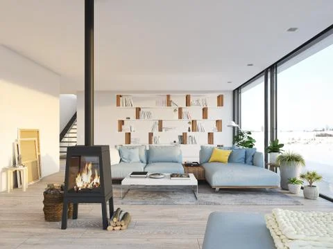3d rendering. living room with cast iron fireplace in modern loft apartment. Stock Illustration
